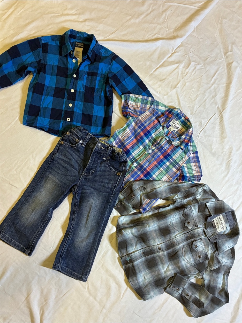 2T Wrangler Jeans, OshKosh, Place & Cody James Plaid Button-Up Shirts Lot
